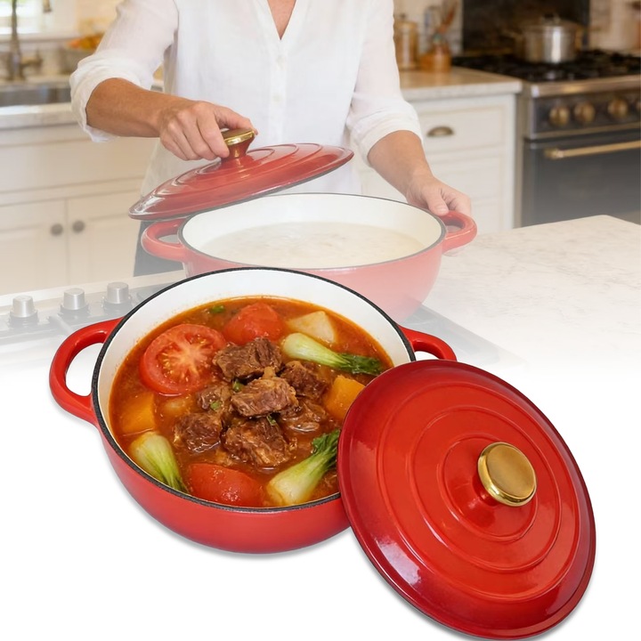Oala cu capac din fonta emailata, 2L, 220mm, pentru cuptor, plita, gaz, electric, cu inductie, Rosu