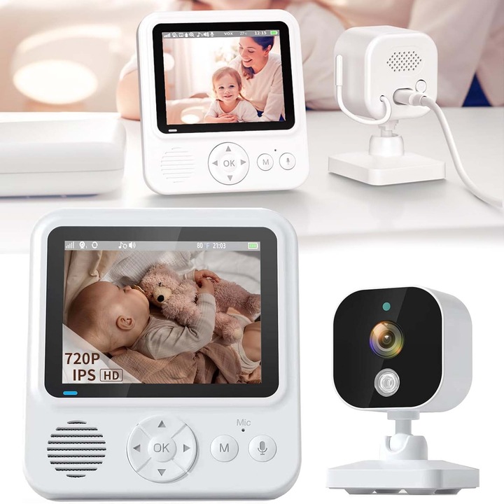 Baby monitor digital si camera audio-video wireless pentru supraveghere bebe, Ecran HD 2.8 inch LCD, Functie nocturna, Bidirectional, ECO mode, Rotire 360°, Memento de alaptare, 8 cantece, 300m+
