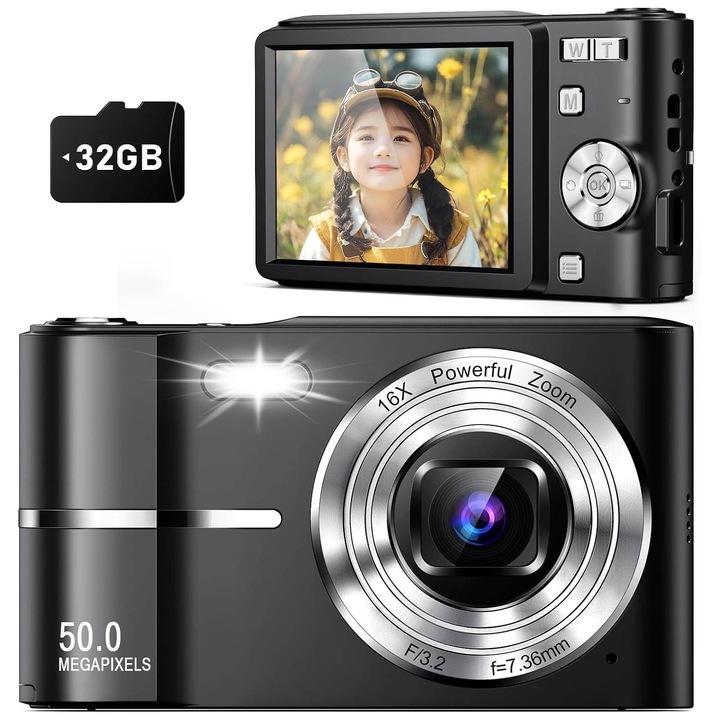 Aparat foto digital, 4K, 16X Digital Zoom, portabil, Anti-shake, 50 milioane de pixeli HD, ecran HD de 2.4 inchi, 32GB SD Card, OUYLAF, Negru