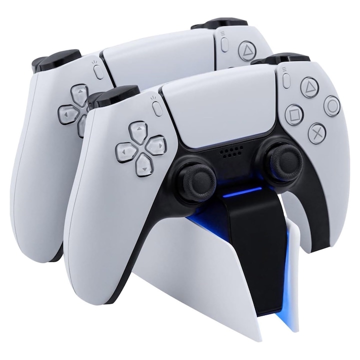 Dupla töltőállomás PlayStation 5 kontrollerhez, gyorstöltés 2A, gyorstöltő, LED-del, chip védelem, OUYLAF, fehér/fekete