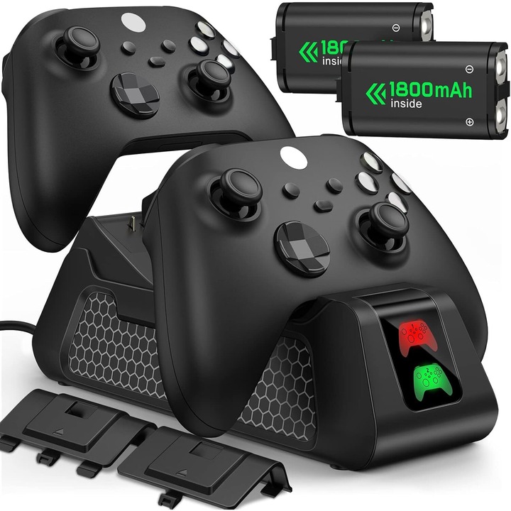 Kettős töltőállomás készlet / 2 újratölthető akkumulátor, Xbox One-hoz, Xbox Series S / X, 1800 mAh, 4 akkumulátorfedél, OUYLAF, fekete