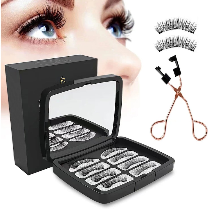 Set de 4 perechi de gene false magnetice, reutilizabile, nu este nevoie de lipici, cu instrument de aplicare, set de gene cu aspect natural
