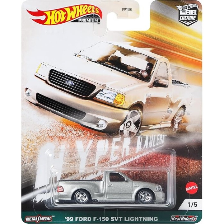 Masinuta Hot Wheels Premium, Hyper Trucks Set 2021, 1999 Ford F-150 SVT Lightning 1/5, 1:64, Gri