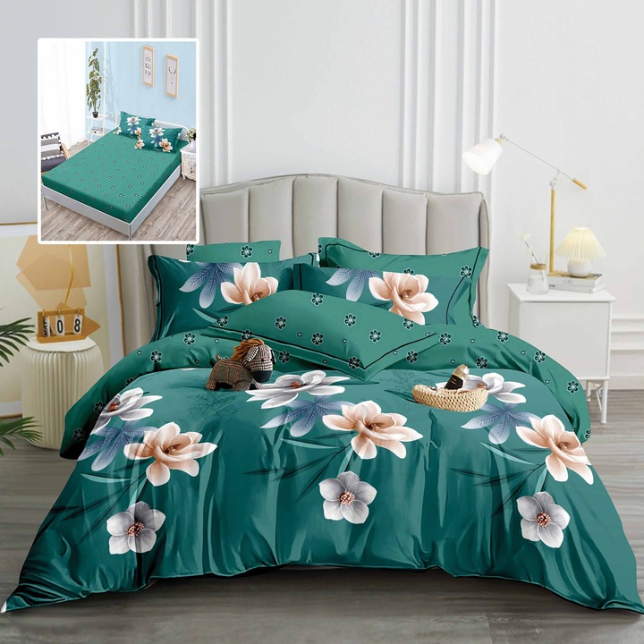 Lenjerie de pat Finet, cearceaf cu elastic 160x200cm, 6 piese, pentru pat dublu, Pucioasa, Multicolor, RAH160-160