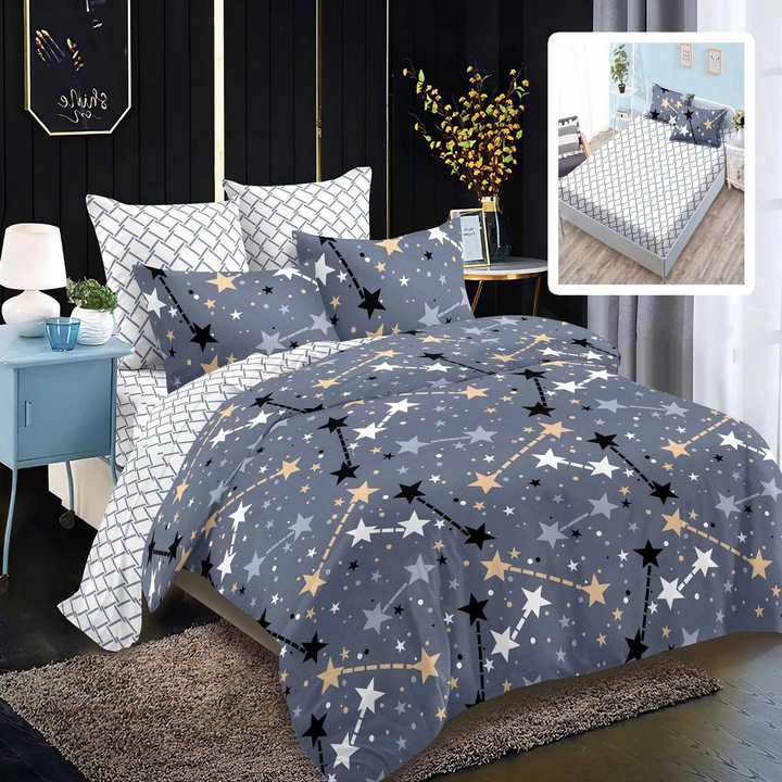 Lenjerie de pat Finet, cearceaf cu elastic 180x200cm, 6 piese, pentru pat dublu, Pucioasa, Multicolor, RAH180-144