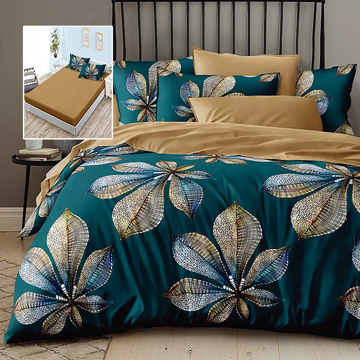 Lenjerie de pat finet, 6 piese, cearceaf pat cu elastic 160x200cm, cearceaf pilota 200x230cm, 2 fete de perna 50x70 si 2 fete de perna 70x70cm, pentru 2 persoane, Pucioasa, LFH180-164