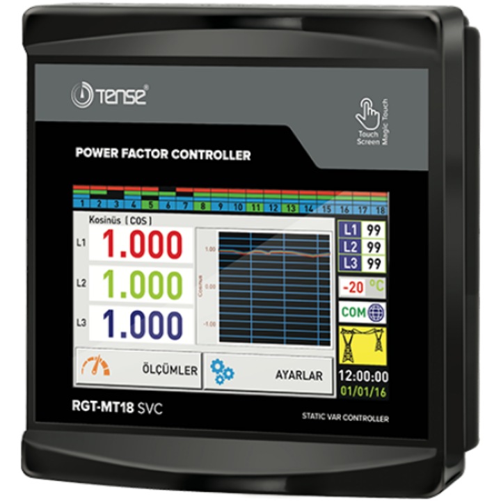 Контролер за реактивна мощност TENSE RGT-MT18, 18 стъпки, 5" сензорен екран, RS-485, за симетрични/асиметрични мрежи