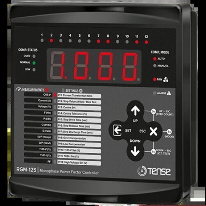 Controler de putere reactiva 12 trepte TENSE, compensare putere inductiva, monitorizare valori, display LED