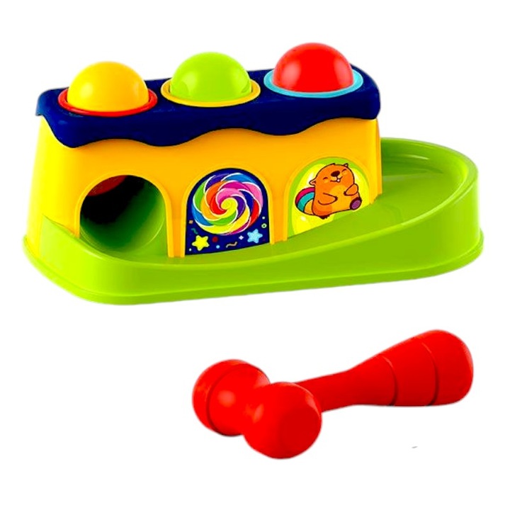 Kidsnplay interaktív játék, kalapáccsal, 3 labdával és pályával, 5 db, 25, 8x12, 5x12, 5 cm, sokszínű, labda átmérője 4 cm, motoros fejlesztéshez, 12 hónap +