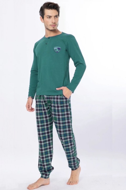 Pijama barbat bumbac calitativ marimi mari, maneci si pantaloni lungi cu buzunare vernil 201/205 8213, Verde