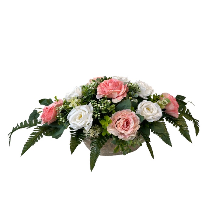 Aranjament floral oval Dady, 38x25x22 cm, in vas oval din piatra, cu flori artificiale trandafiri albi si roz