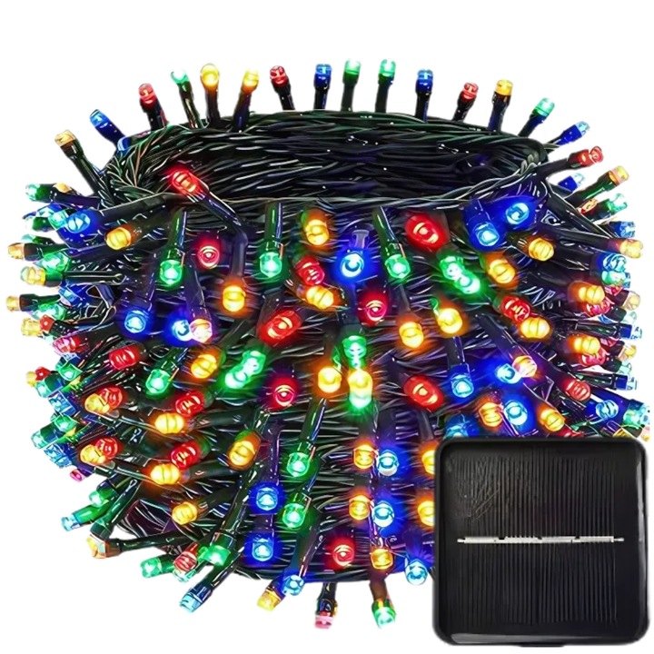 Instalatie de Craciun rola SDEPOT®, cu mai multe moduri de iluminare, panou solar, 200 becuri LED cristal, 50 m liniari, multicolor