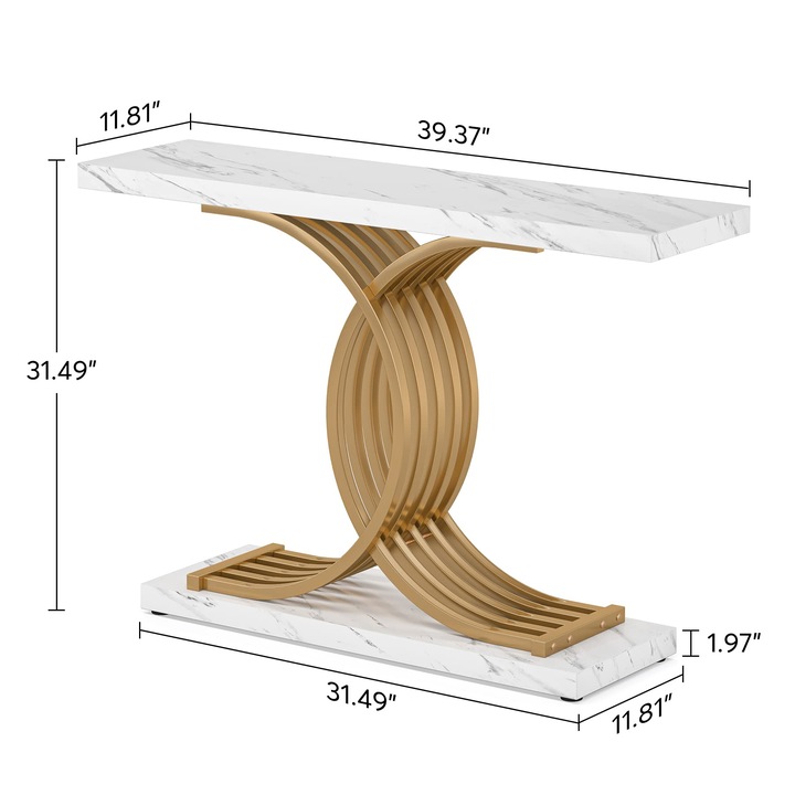 Masa console moderna, Tribesigns, alb si auriu, 100x29.5x80cm, cadru metalic robust