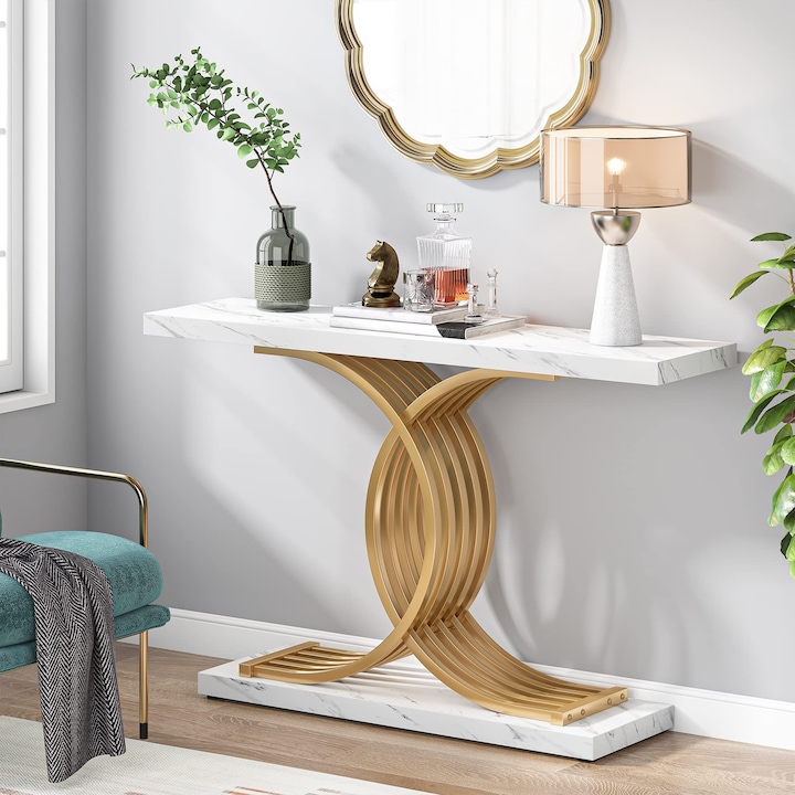 Masa console moderna, Tribesigns, alb si auriu, 100x29.5x80cm, cadru metalic robust