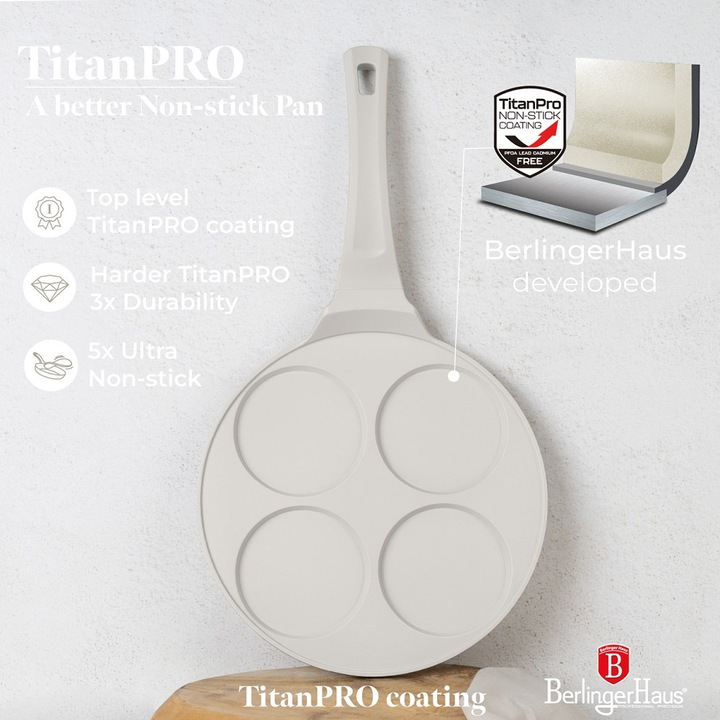 Tigaie pentru clătite Berlinger Haus, 4 forme, aluminiu turnat, antiaderent, crem, 26 cm