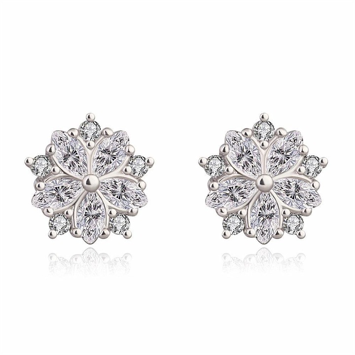 Обеци с бели цирконии Sakura, Романтични, Покритие от бяло злато, 9 мм