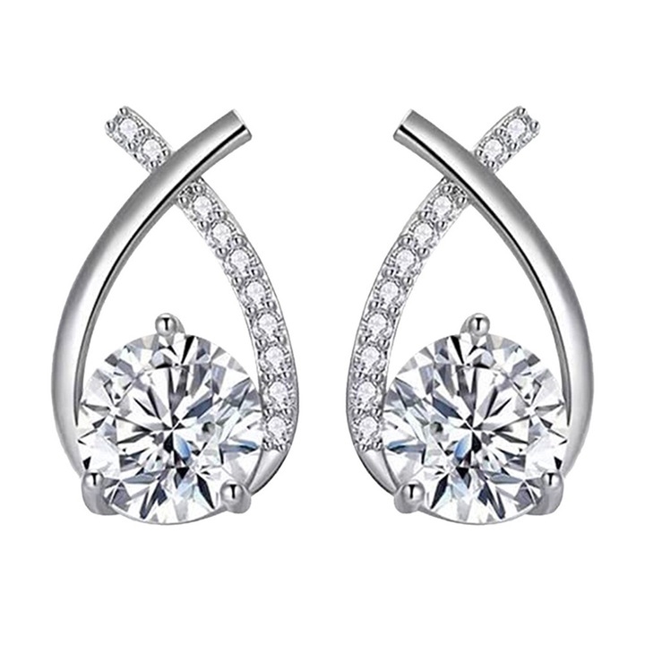 Cercei tip zirconiu incrucisat in forma de peste, Placat cu aur alb, Zircon diametru 6mm, Lungime pandantiv 14mm