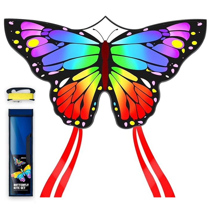 Zmeu pentru copii, Wacorresi, Zmeu fluture include sfoara poliester 100m,142x72cm, +3ani, Multicolor