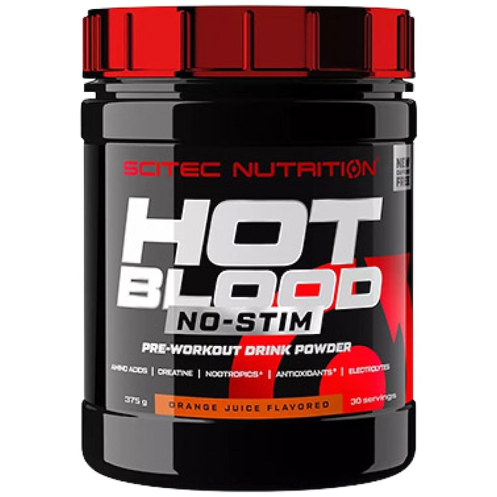 Хранителна добавка SCITEC Nutrition Hot Blood No-Stim Caffeine-Free Pre-Workout, Портокал, 375 грама