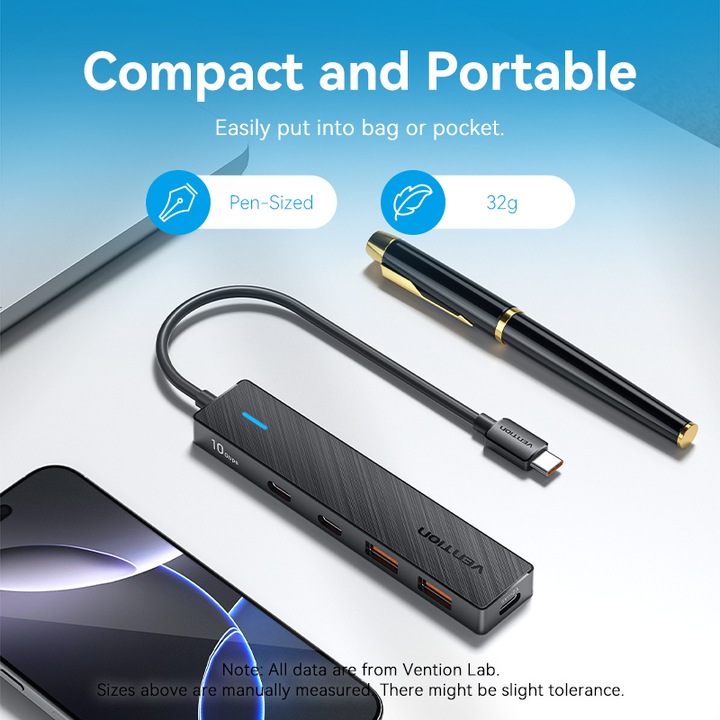 VENTION USB C HUB 5 в 1, 2 x USB 3.2 Gen 2 Type-C/2 x USB 3.2 Gen 2 Type-A/USB C, 10Gbps, 0.15m, Черен