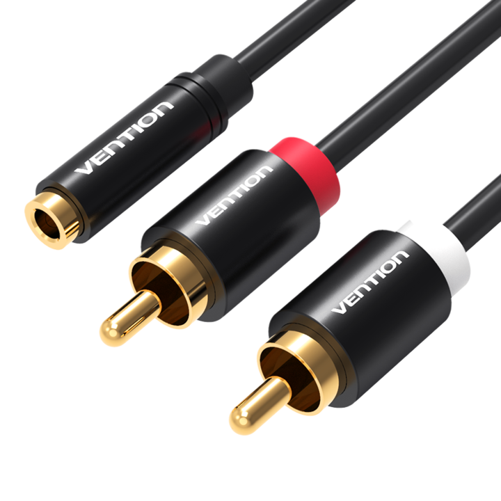 Аудио кабелен жак 3,5 мм женски към 2 RCA мъжки, VENTION, PVC, черен, 2 м
