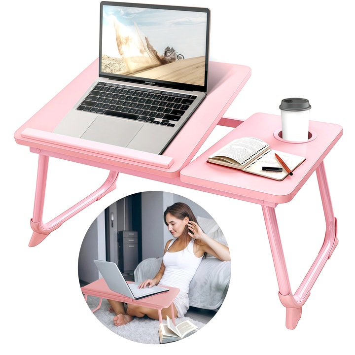 Masa pliabila pentru laptop，Wacorresi, suport laptop, masuta laptop lapwood, cu suport pentru pahar, Multifunctionala, reglabila pe inaltime 5 pozitii, suport stabil, colturi intarite, capacitate de incarcare de pana la 45 kg, 55x32x25, roz