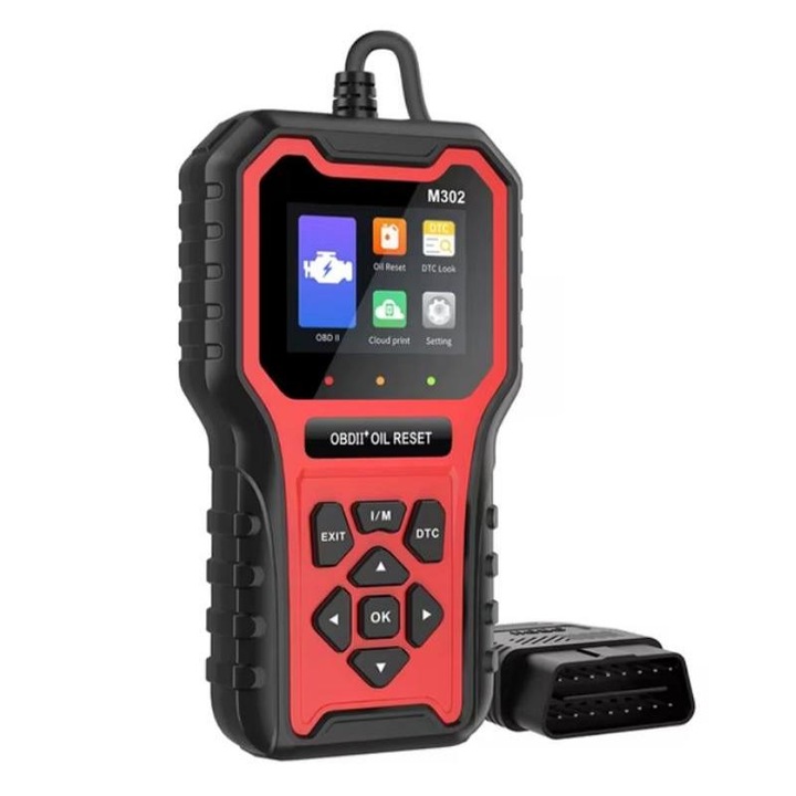 OBD2 autódiagnosztikai teszter, CHIGOODS, M302 modell, motorhibakódok olvasása és törlése, többnyelvű támogatás, karbantartási lámpa visszaállítása, általános diagnosztika, fekete/piros