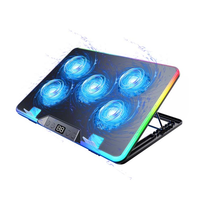 Cooler laptop ISEITTY, 5 ventilatoare, iluminare RGB, 2 USB, negru, 10-19"