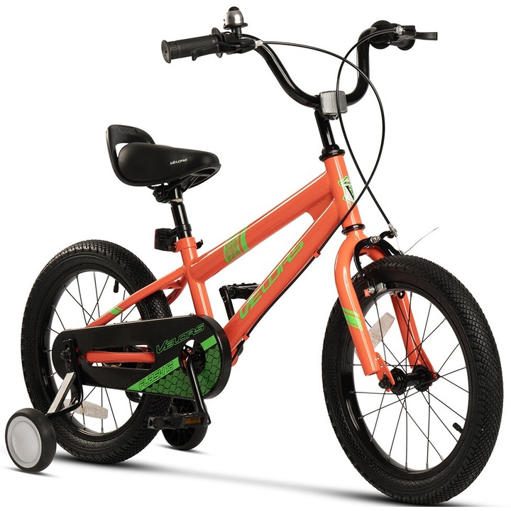 Gyermek MTB kerékpár 16" kerekekkel C-Fék/elöl - Dob/hátul, Segédkerekek, narancs/zöld, Velors Baby Kids Sport Flash Bike 4/6 éves korig - 110-115 cm között