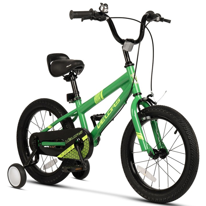 Gyermek MTB kerékpár 16" kerekekkel C-Fék/elöl - Dob/hátul, Segítő kerekek, zöld/fekete, Velors Baby Kids Sport Flash Bike 4/6 éves korig - 110-115 cm között