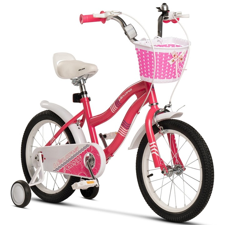 Gyermek MTB kerékpár 16"-os kerekekkel, C-fék/elöl - Dob/hátul, Kosár, Segédkerekek, fukszia, Velors Baby Kids Sport Pony Bike 4/6 éves korig - 110-115 cm között