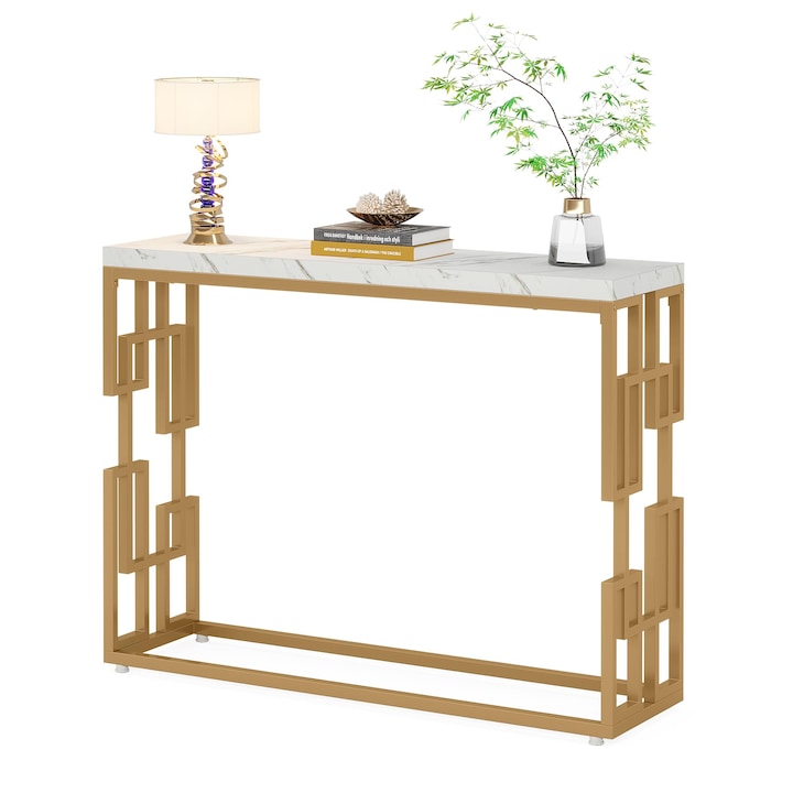 Masa moderna, Tribesigns, design marmura artificiala alba, 108x30x80 cm, asamblata, pentru living