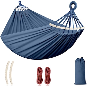 Hamac dublu, Wacorresi, Hamac camping, cu saci de depozitare, moale si confortabilaultra usor, ultra portabil, aventura 220x150 cm, doua curele de prindere si doua carabine incluse, Tesatura de inalta rezistenta si portanta, Albastru regal