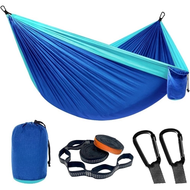 Хамак, изработен от парашутен материал, Wacorresi, ултра лек, ултра преносим, приключенски 270x140 см, включени две презрамки и два карабинера, Подходящ за люлки за свободното време на закрито и на открито, Светло синьо магическо синьо