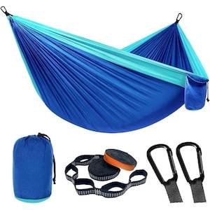 Hamac, din material tip parasuta, Wacorresi, ultra usor, ultra portabil, aventura 270x140 cm, doua curele de prindere si doua carabine incluse, Potrivit pentru leagane de agrement interioare si exterioare, Albastru deschis vraja albastru