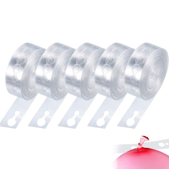 Rola lipici pentru baloane, BOMSTOM, 5 bucati, 5 metri, design cu doua gauri，plastic，fixarea baloanelor, potrivita pentru petreceri, nunti, transparenta