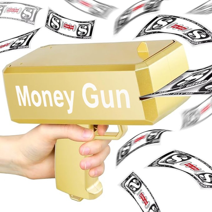 Pistol de Lansat Bani, pentru Petreceri si Aniversari cu 100 de Bancnote Incluse, carcasa rezistenta, Auriu