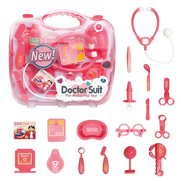 Set de joaca trusa medicala, pentru jocul de rol al medicului sau dentistului, Stetoscop, Seringa, Valiza, Pentru Copii de +3 Ani, 19 bucati, Roz