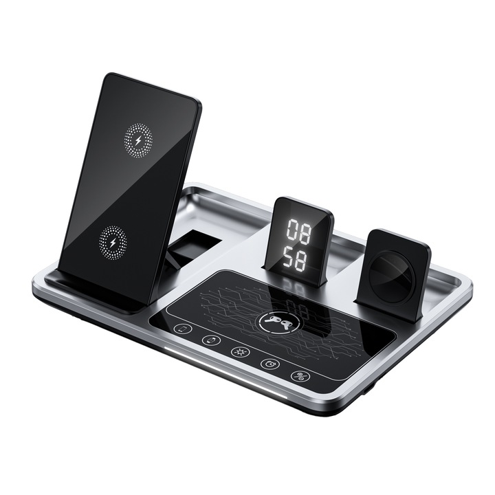 Vezeték nélküli töltőállomás iPhone-hoz by i4FIT, okosóra, AirPods/Pro, 4 az 1-ben, Qi szupergyors töltés 30 W, összecsukható kialakítás automatikus működéssel, ébresztő/óra, MagSafe