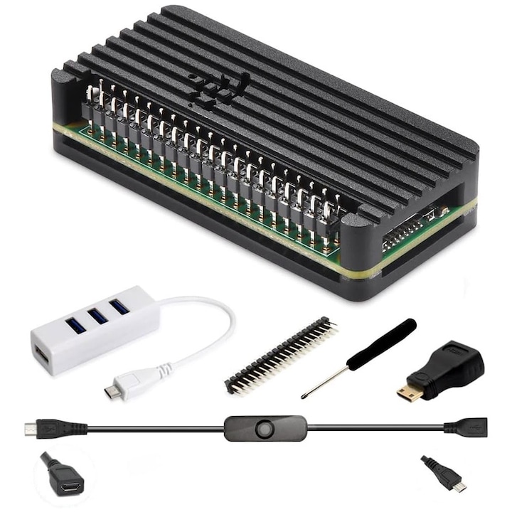 Комплект от 7 корпуса Raspberry Pi Zero W/WH/2W с радиатор, подвижен горен капак, алуминий, OUYLAF, черен