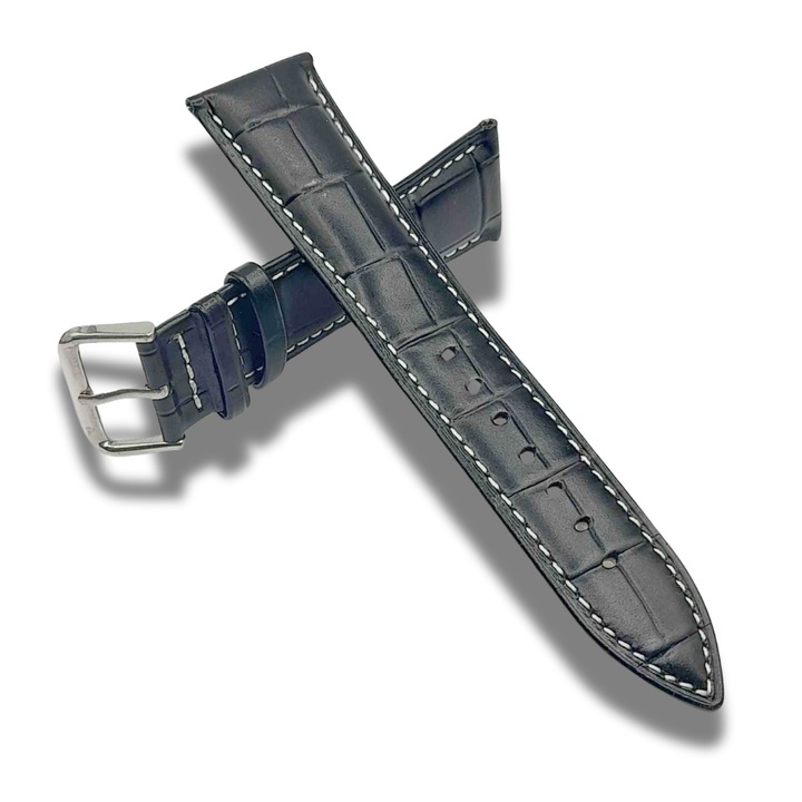 Curea ceas piele naturala neagra cu imprimeu crocodil si cusatura alba prevazuta gratuit cu telescoape quick relase 24 mm