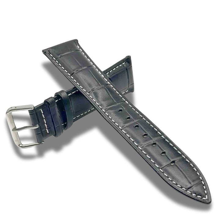 Curea ceas piele neagra cu imprimeu crocodil si cusatura alba prevazuta cu teqwfxzlescoape quick relase mm