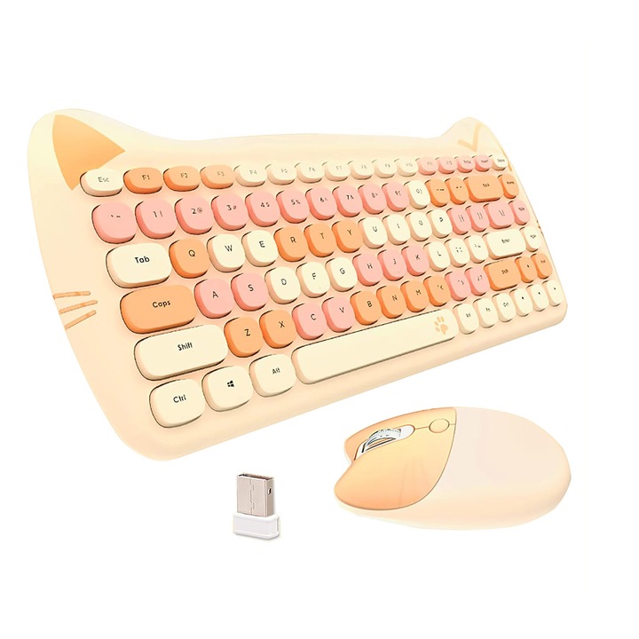 Set tastatura si mouse wireless 2.4G, design pisica draguta, galben, 84 taste, dimensiuni tastatura 34x15x2.7cm, dimensiuni mouse 6.8x10.4x3.8cm