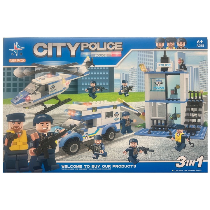 OEM City Police Építőkészlet, 3 az 1-ben, Rendőrkapitányság, 395 db, 6+ év, kék