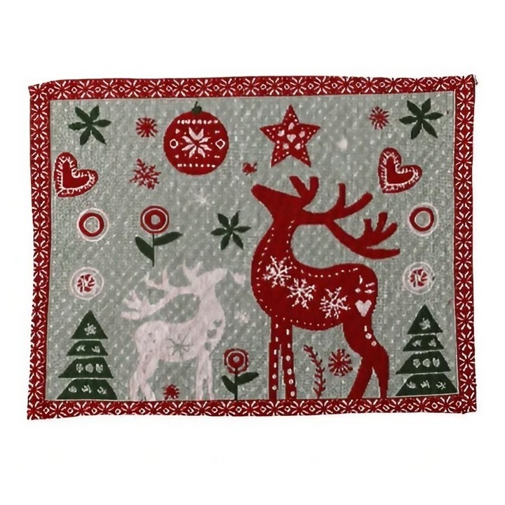 Servet de Masa, Leski, Model Ren si Globuri, Tematica Craciun, Prosop pentru Masa, 47x33 cm, Bumbac si Fibre Sintetice, Rosu