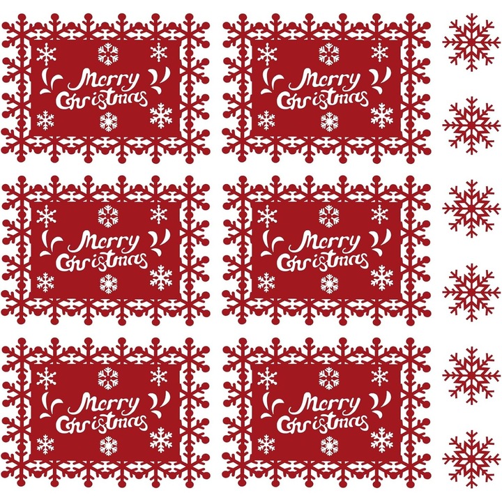 Set 12 servete pentru masa si suporturi de pahare/tacamuri, model Merry Christmas, 6 servete 25 x 35 cm, 6 suporturi de 10 x 10 cm, Textil, Rosu