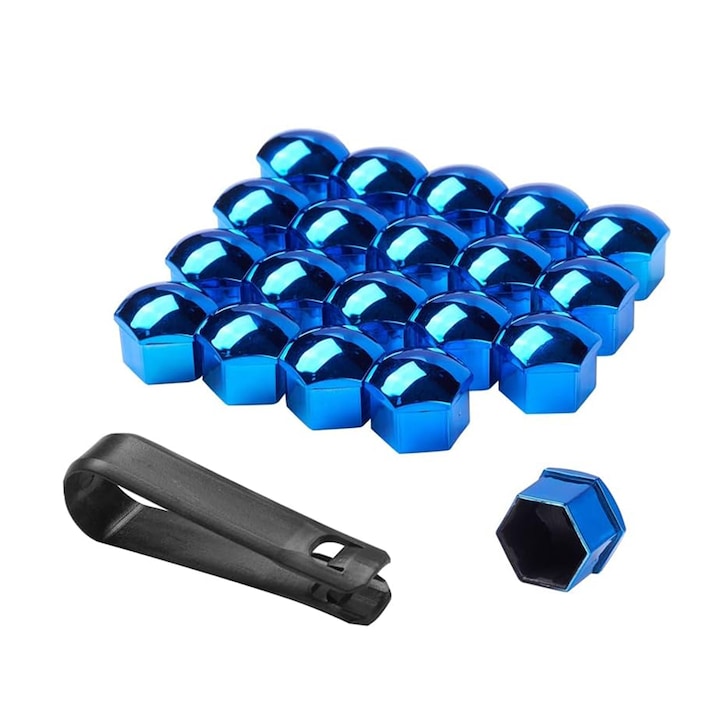 Set 20 capace prezoane, pe 17 mm, nclus cheie de scos capacele, potrivit pentru diverse modele de masini, Albastru