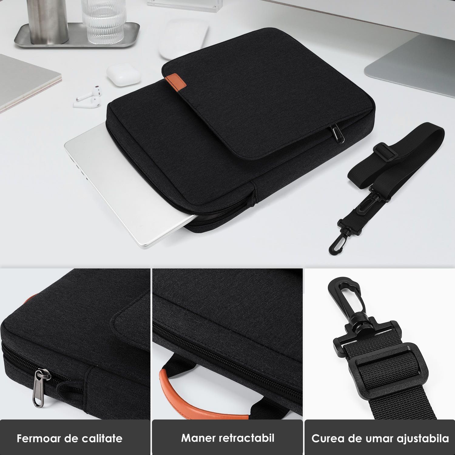 Geanta pentru tableta, BYONDSELF®, 13 Inch, Impermeabil, cu Curea de Umar Reglabila, Negru