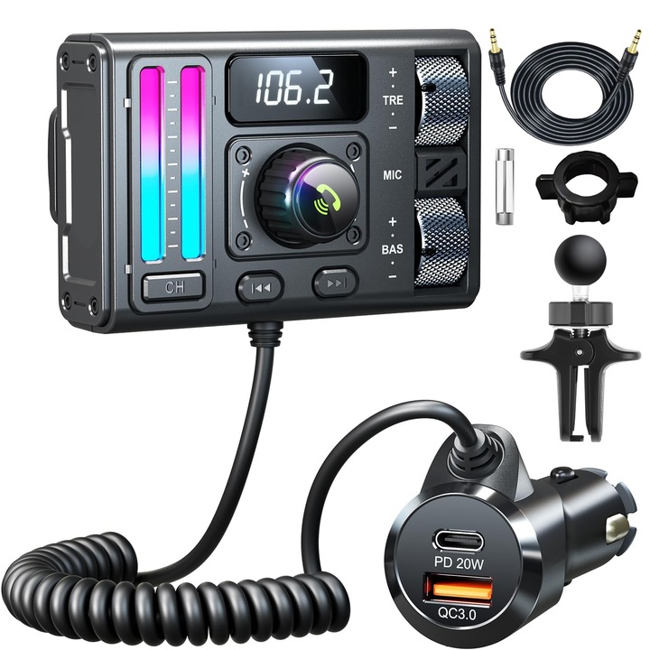 FM модулатор, BYONDSELF®, Bluetooth 5.3, FM трансмитер, настройка на SuperBass, QC3.0, PD20W, поддържа U Disk и AUX, черен