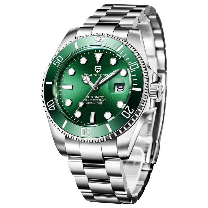 Мъжки часовник Pagani Design Submariner, Механичен, Сребрист / Зелен